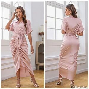 Elegant Satin Button Down Short Sleeve Maxi Shirt Dress with Belt Medium